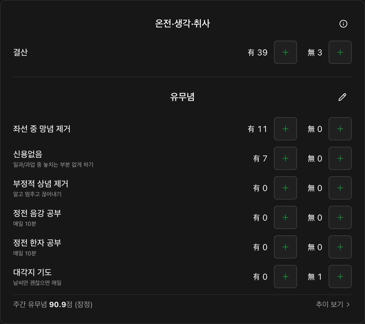 온전·생각·취사 입력 카드 — 결산과 유무념 조목마다 유념·무념 번수를 버튼으로 더함